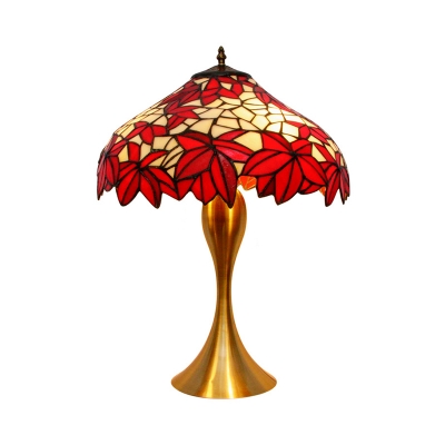 1-Light Domed Nightstand Light Tiffany Red Hand Cut Glass Maple Leaf Patterned Table Lamp with Pull Chain