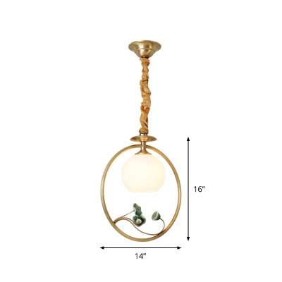 1 Light Orb Drop Pendant Traditional Gold Finish Ring Frosted Glass Hanging Ceiling Light with Ring Frame