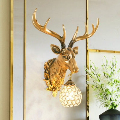 1-Light Wall Lighting Ideas Countryside Globe Crystal Embedded Wall Light Sconce with Gold Resin Deer Head Design
