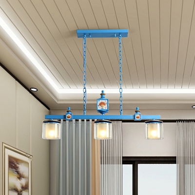 3 Heads Dining Room Island Pendant Nautical Sky/Light Blue Ceiling Lamp with Dual Cylinder Clear and Opal Glass Shade