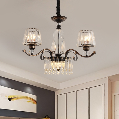 Black Tapered Pendant Chandelier Modernity 3/6 Heads Faceted Crystal Ceiling Hang Fixture with Curvy Arm