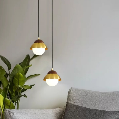 Brass Bowl Pendulum Light Postmodern 1-Light Metal Pendant Lamp with Inner Ball White Glass Shade