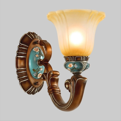 Carved Cream Glass Wall Sconce Light Rustic 1-Head Bedroom Wall Lighting Fixture in Brown