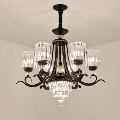 Clear Crystal Cylinder Chandelier Contemporary 6/8 Heads Black Hanging Light Kit with Swooping Arm