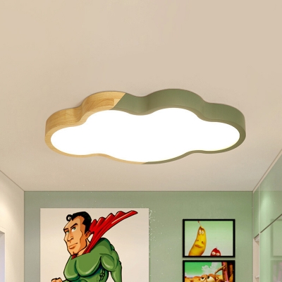 Cloud Shaped Kindergarten Ceiling Light Wood Macaron LED Flush Mounted Lamp in White/Yellow/Green