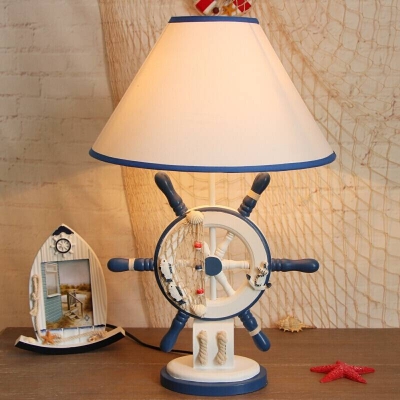 Cone Fabric Night Table Lamp Nordic 1 Light Blue Desk Lighting with Wood Rudder Base