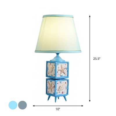 Cube Resin Table Lamp Nordic 1-Head Light/Sky Blue Reading Night Lighting with Barrel Fabric Shade