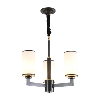 Cylinder Dining Room Chandelier Lamp Frosted Glass 3 Heads Nordic Ceiling Pendant Light with Radial Design in Black