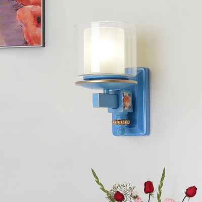 Dual Cylindrical Wall Lamp Fixture Nordic Opaline and Clear Glass 1 Bulb Living Room Wall Sconce in Sky/Light Blue