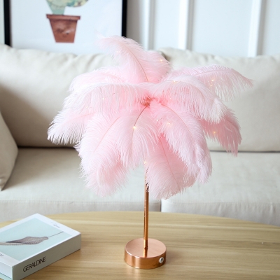 Feather Coconut Palms Table Light Modern Romantic Pink/White Battery USB LED Nightstand Lamp