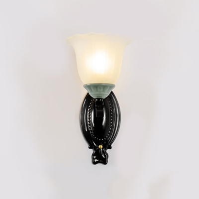 Floral Bedroom Wall Light Fixture Traditional Frosted Glass 1/2-Light Black Wall Lighting