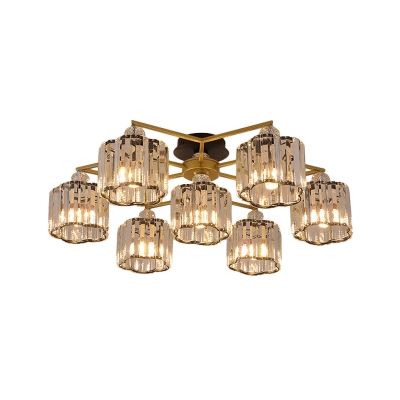 Flower Crystal Prisms Semi Flush Light Modern 4/6/7 Heads Gold Ceiling Mounted Fixture for Living Room