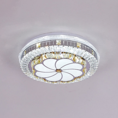 Flower Patterned Round Ceiling Lamp Modern Cut Crystal Bedroom LED Flush Mount in Chrome