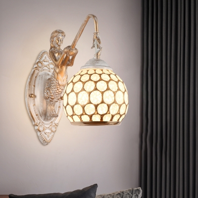 Globe Metal Wall Sconce Rural 1 Bulb Bedroom Wall Light Fixture in White with Resin Mermaid Backplate