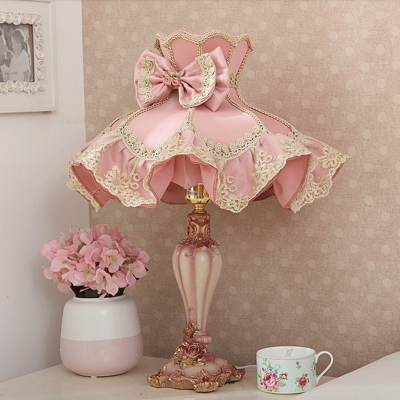 Goffered Frill Fabric Night Light Cartoon Single-Bulb Pink Table Lamp with Resin Vase Base for Girl's Room