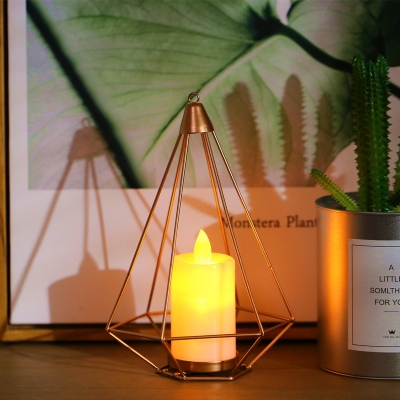 Gold Triangle/Cactus Cage Table Light Kids Iron Battery Powered LED Night Stand Lamp with Pillar Candle Inside