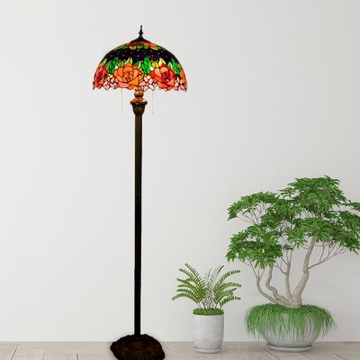 Green Stained Glass Reading Floor Light Bowl 2 Bulbs Mediterranean Floor Standing Lamp with Flower Pattern