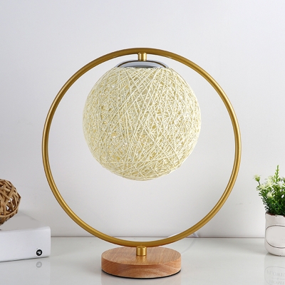 Kids Spherical Night Table Light Rattan 1 Light Bedroom Nightstand Lamp in Beige/Red with Metal Ring Deco