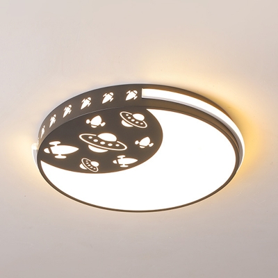 Kids Waxing Moon Acrylic Flush Light LED Close to Ceiling Lamp with UFO Pattern in Black/Pink/Blue
