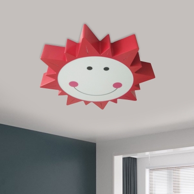 LED Playroom Flushmount Lighting Modernism Red Ceiling Mounted Fixture with Sun Metal Shade in Warm/White Light