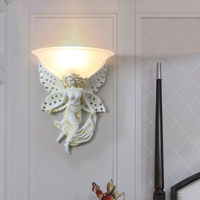 Milky Glass Bowl Wall Mount Lamp Traditional 1 Light Living Room Wall Lighting in White/Gold with Right/Left Resin Angel