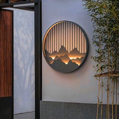 Mountain and Linear Metal Mural Lamp Oriental LED Black Round Wall Mounted Light for Outdoor