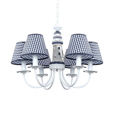 Nordic Barrel Pendant Chandelier Fabric 6 Lights Bedroom Hanging Lamp Kit with Lighthouse Column Design in Blue