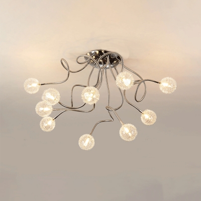 Orb Living Room Semi Flush Clear Glass 10-Head Modernism Ceiling Fixture with Aluminum Wire Design in Chrome