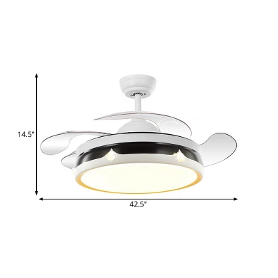 Simple Circle Semi Flush Light Metallic LED Bedroom Ceiling Fan Lamp in White with 4-Blade, 42.5