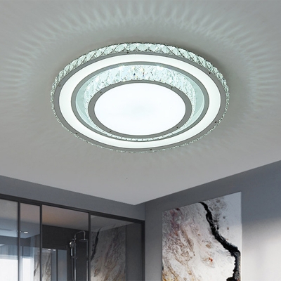 Simple Round Flush Ceiling Light Clear Crystal Living Room LED Flushmount Lighting in White, 14
