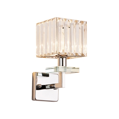 Single-Bulb Living Room Wall Lamp Simple Chrome Wall Mount Light with Cube Crystal Shade