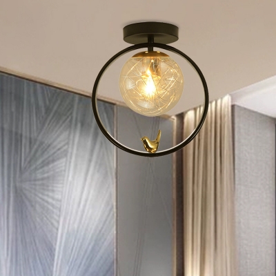 Spherical Semi Flush Mount Light Nordic Clear Glass 1 Bulb Corridor Ceiling Lamp with Bird/Globe Deco in Black