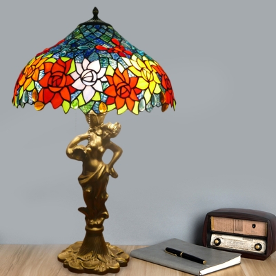 Tiffany Bowl Night Table Light 3-Bulb Cut Glass Floral Patterned Nightstand Lamp in Gold with Naked Woman Base