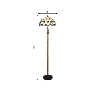 Victorian Domed Floor Light 2-Light Shell Pull Chain Stand Up Lamp in Blue with Bloom Pattern