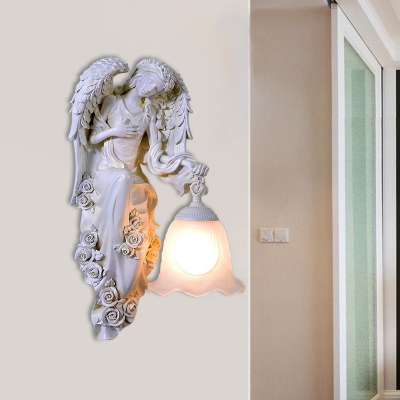 White Angel Wall Mounted Lamp Rustic Resin 1 Bulb Living Room Right/Left Wall Light Sconce with Scalloped Bell Frosted Glass Shade