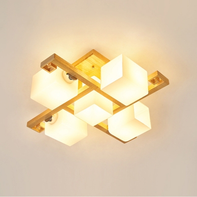 Wooden Traverse Semi Mount Lighting Asia 4/5-Light Ceiling Flush Light in Beige with Cube Milk Glass Shade