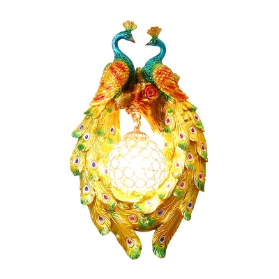Yellow 1 Head Wall Mount Lamp Countryside Resin Double Peacock Crystal Wall Lighting Fixture for Bedroom