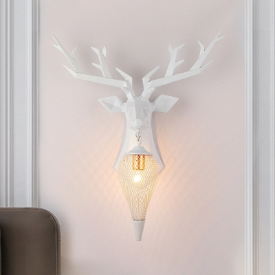 1 Bulb Metal Wall Lighting Fixture Rural White/Gold Diamond/Teardrop Living Room Wall Sconce with Resin Deer Head Backplate