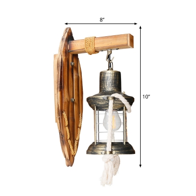 1 Bulb Sconce Light Fixture Farm Lantern Clear Glass Wall Sconce Lighting in Antique Bronze with Leaf Bamboo Backplate