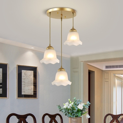 3 Bulbs Frosted Glass Multi-Light Pendant Classic Gold Scalloped Dining Room Suspension Lamp