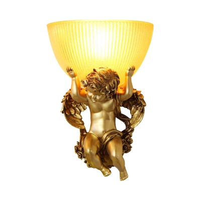 Angel Boy Corridor Wall Lamp Rural Resin 1 Bulb Silver/White/Beige Wall Lighting Ideas with Bowl Amber Ribbed Glass Shade