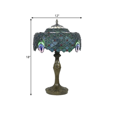 Baroque Drum Nightstand Light 1-Light Blue Stained Glass Peacock Tail Patterned Table Lamp