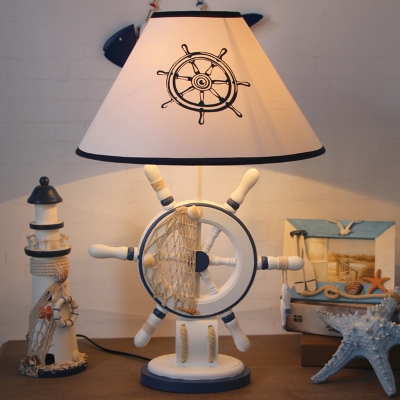 Barrel Bedroom Desk Lighting Fabric 1 Bulb Nautical Night Lamp with Lighthouse/Rudder Base in White