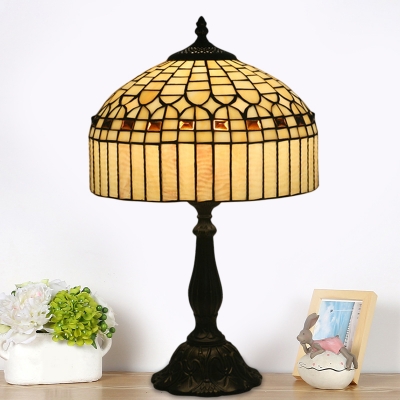 Beige Stained Glass Table Lighting Tapered Drum 1-Head Tiffany Night Lamp for Bedside