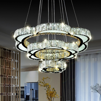 Beveled Crystal Floral Chandelier Lamp Modern Stainless-Steel LED Pendant Light Kit in Warm/White Light with 3-Tier Design