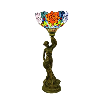Bowl Cut Glass Night Lighting Tiffany 1 Head Brass Floral Patterned Table Light with Resin Beauty Base