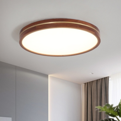 Brown Disk Flush Ceiling Light Asian Wooden LED Flushmount Lighting for Bedroom, 12