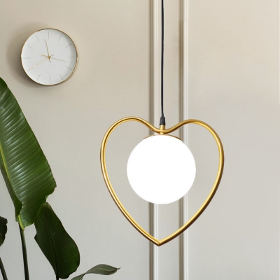 Cartoon Loving Heart/Bear Ceiling Light Metallic 1 Light Dining Room Pendant Lighting Fixture in Brass with Ball Cream Glass Shade