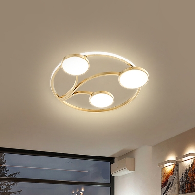 Circle Flush Lamp Modern Metal Sleeping Room LED Ceiling Mounted Light with Branch Design in Gold, 19.5