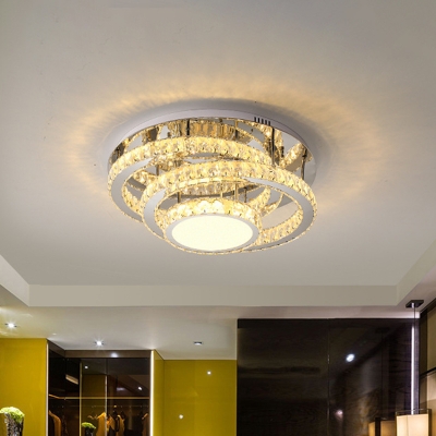 Circle Semi Flush Ceiling Light Simple Beveled Crystal LED Chrome Lighting Fixture in Warm/White Light